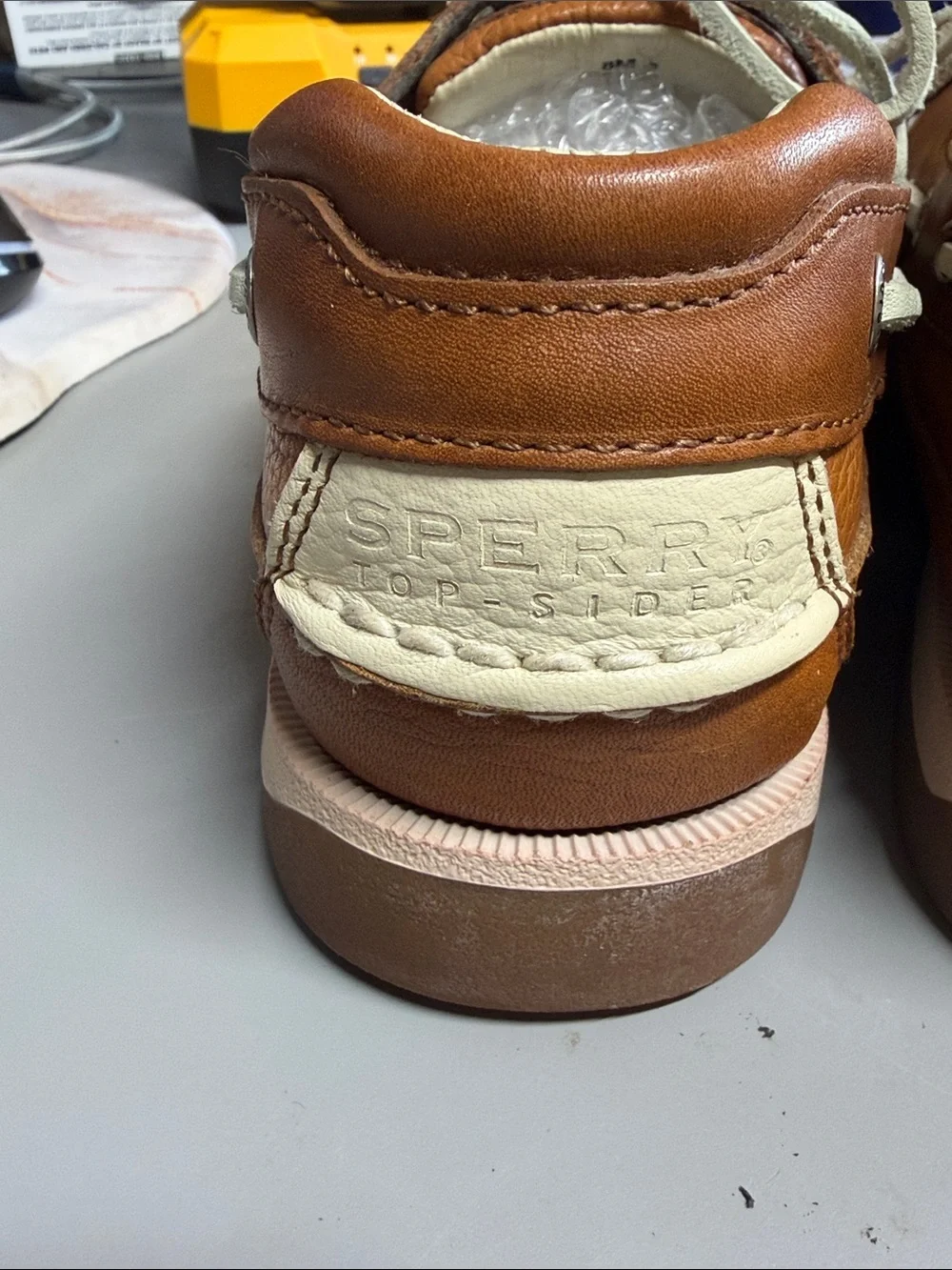 Sperry Cognac Brown Leather Boat Shoes with Cream Laces